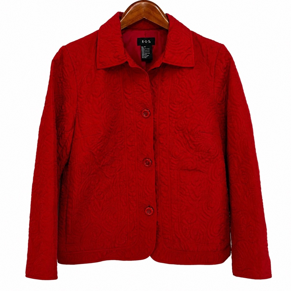 R.Q.T. Womens Red Quilted Swirl Pattern Button Front Jacket Size Medium RN57895